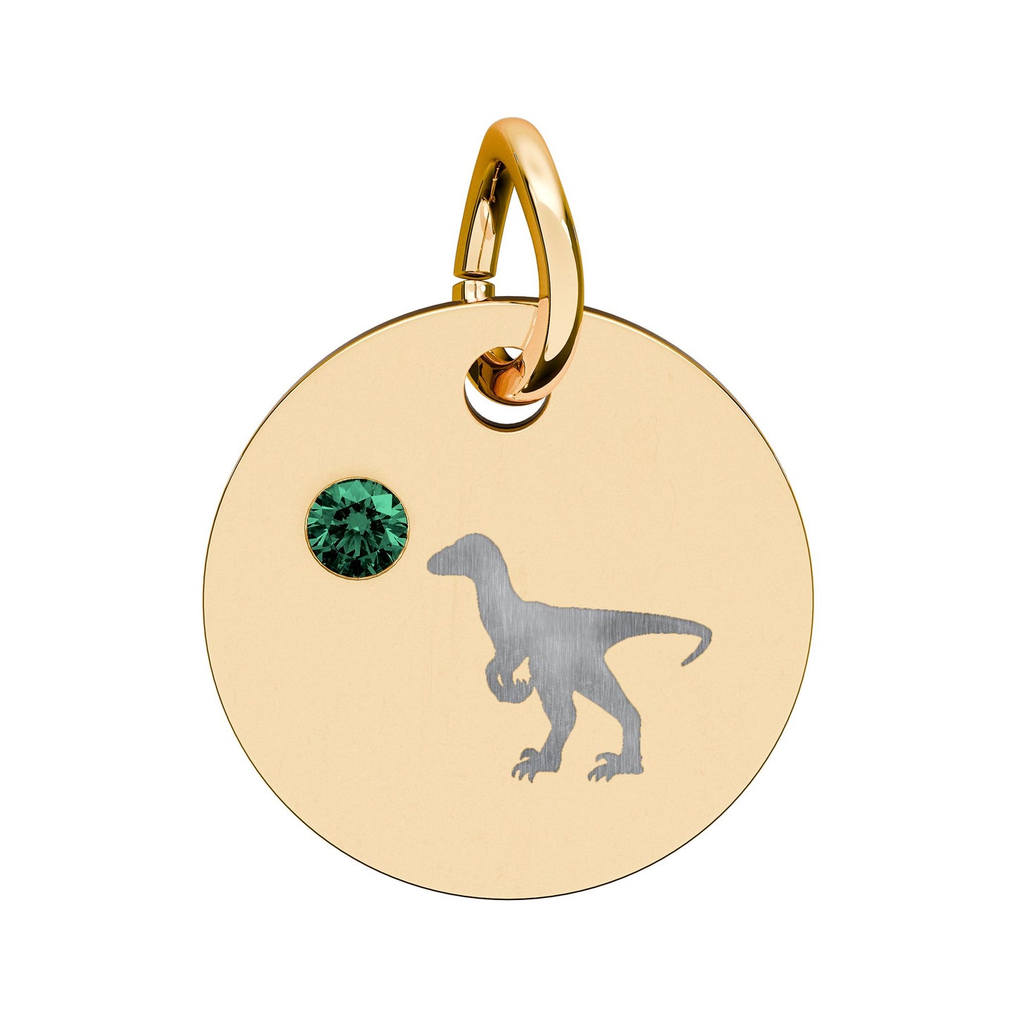 Birthstone Circle Charm — Engraved Dinosaur Silhouette Pendant