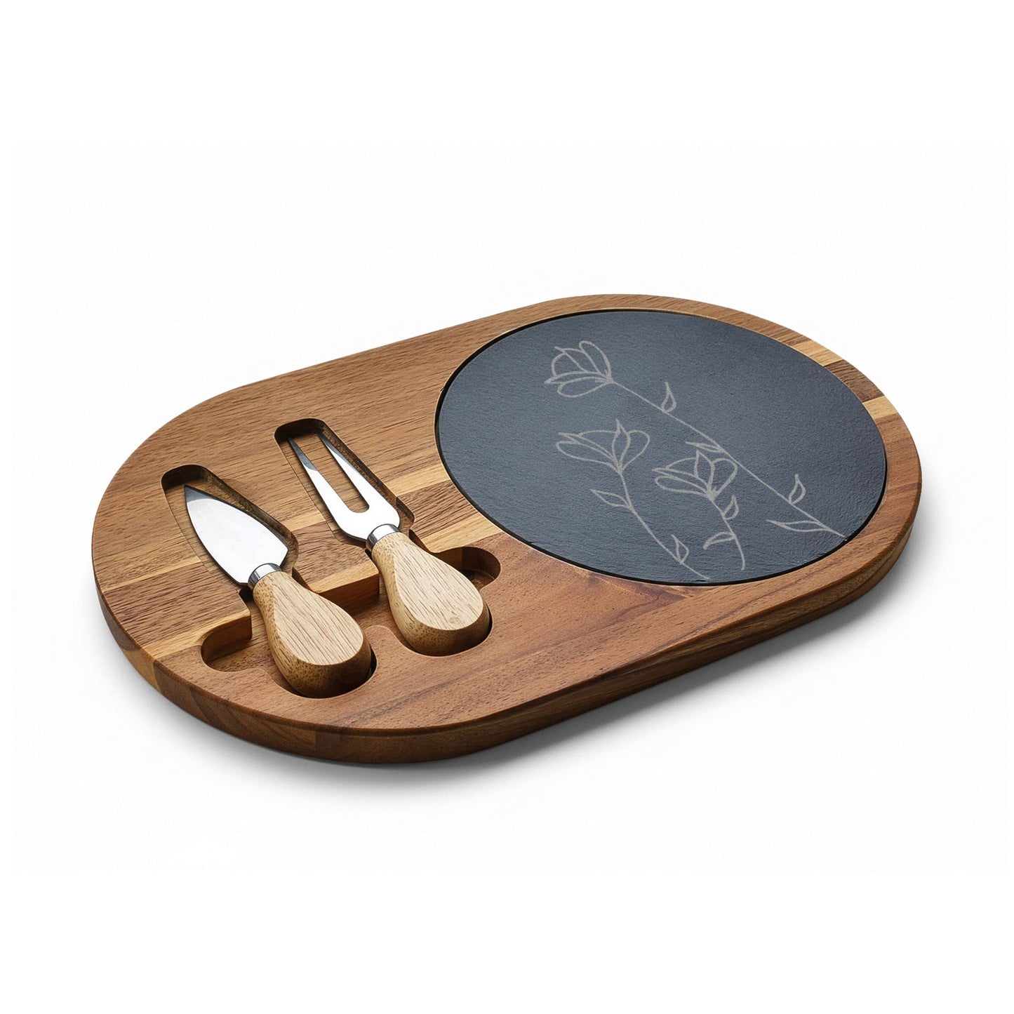 Engraved Acacia Cheese & Charcuterie Board with Slate Inlay — Floral Design