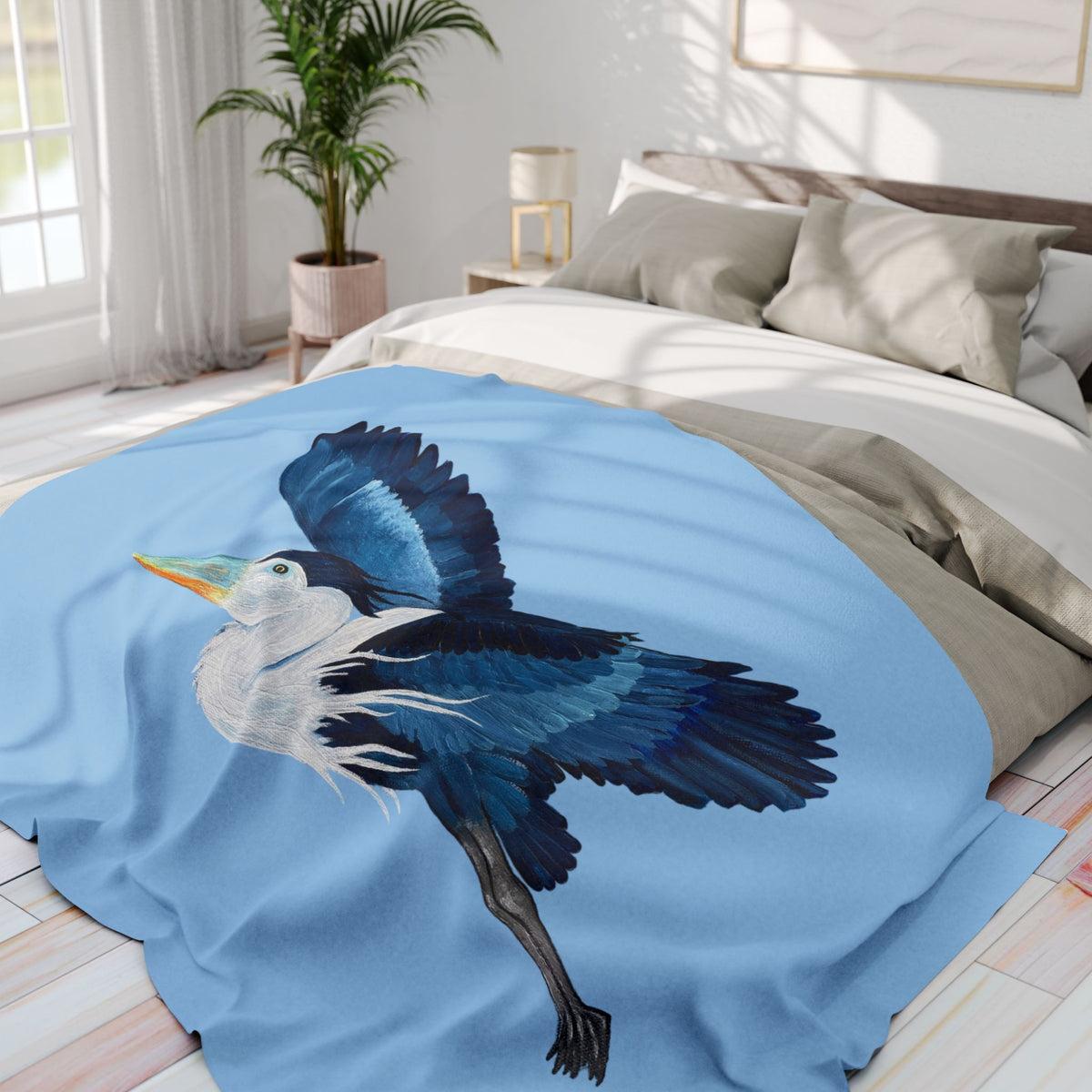 Blue Heron Fleece Blanket — Coastal Bird Throw for Home & Gifting