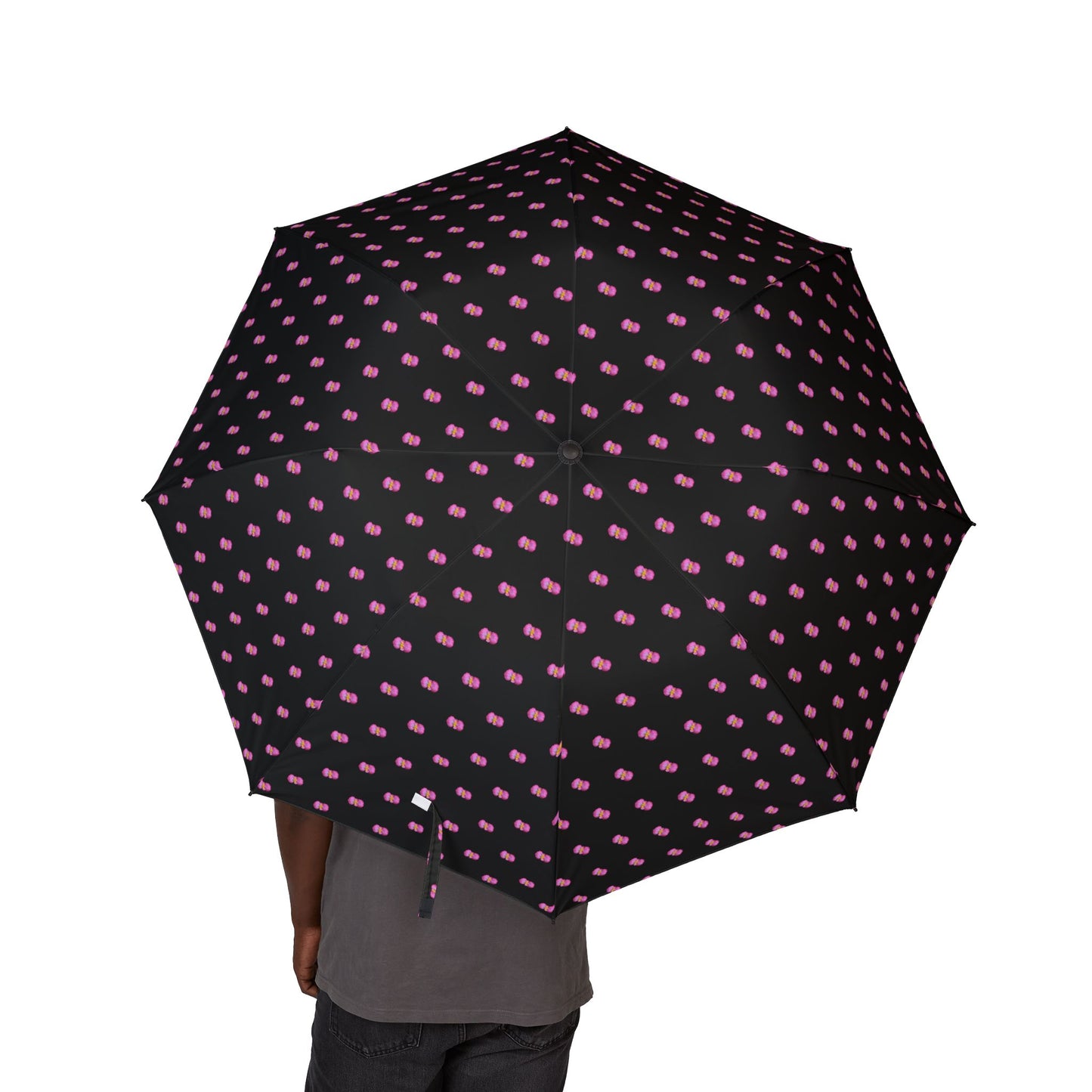Compact Foldable Umbrella — Black with Pink Begonia Raindrop Pattern