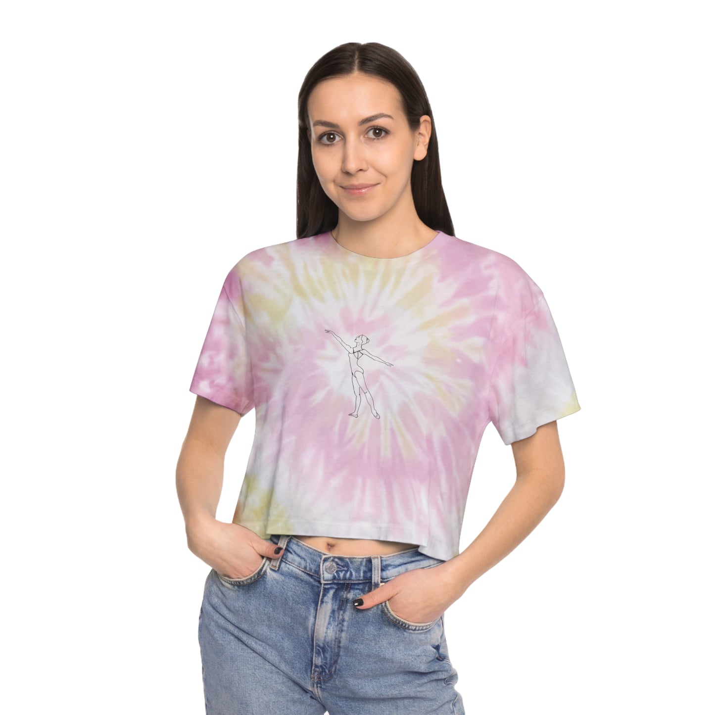 Tie-Dye Crop Tee — Pastel Blue Spiral with Minimal Line Art