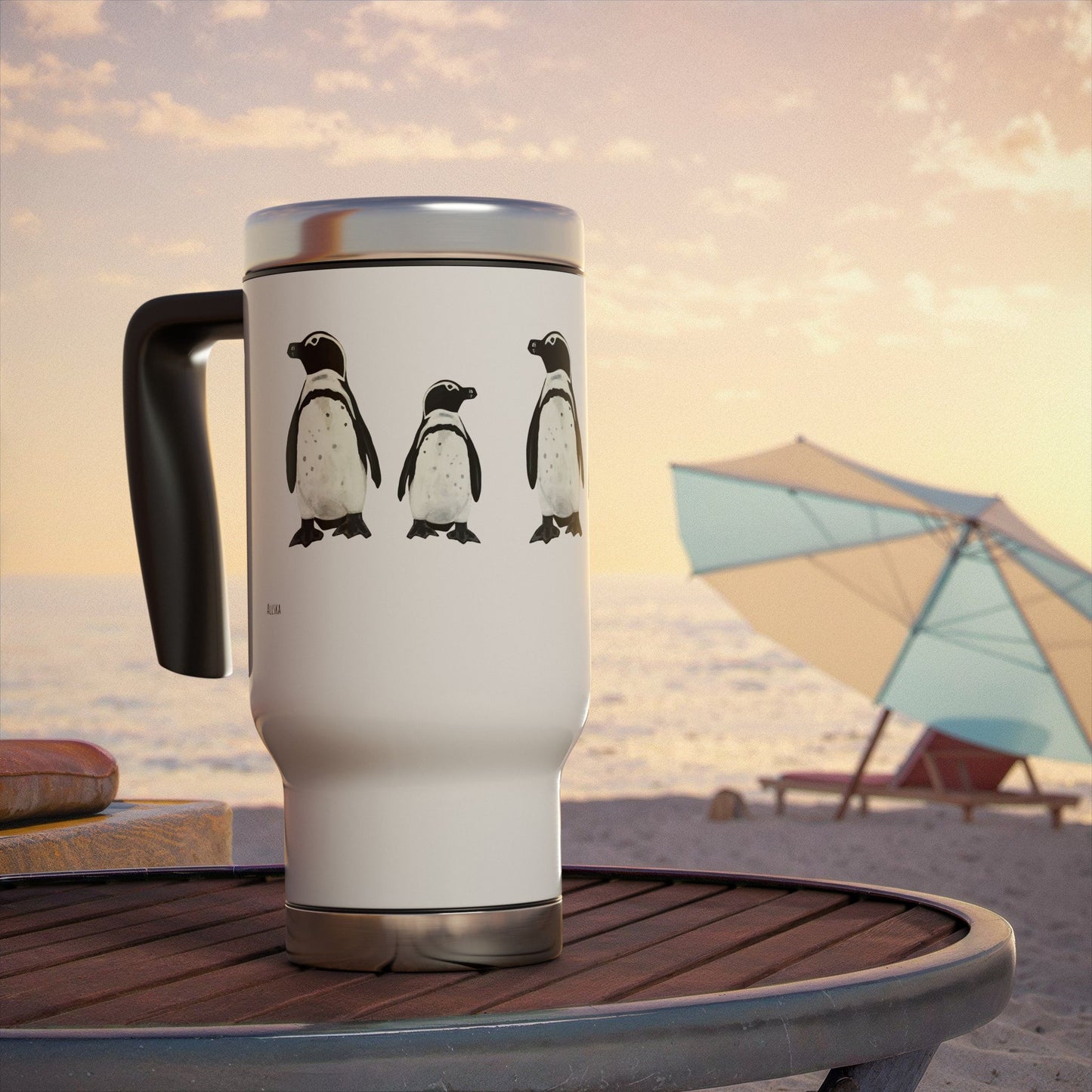 Penguin Line 14oz Stainless Steel Travel Mug with Handle — Cute Polar Animal Coffee Tumbler