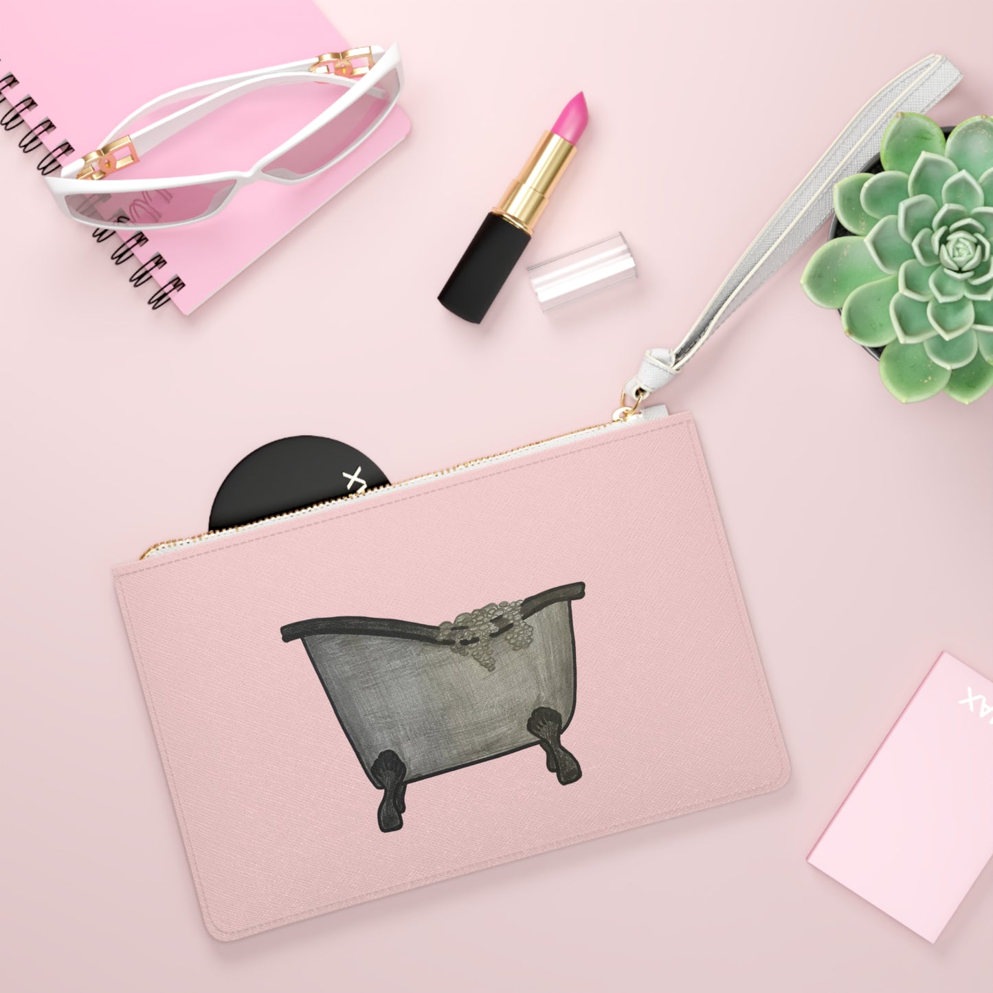 Pink Clawfoot Bathtub Clutch Bag — Vintage Bathroom Illustration Wristlet