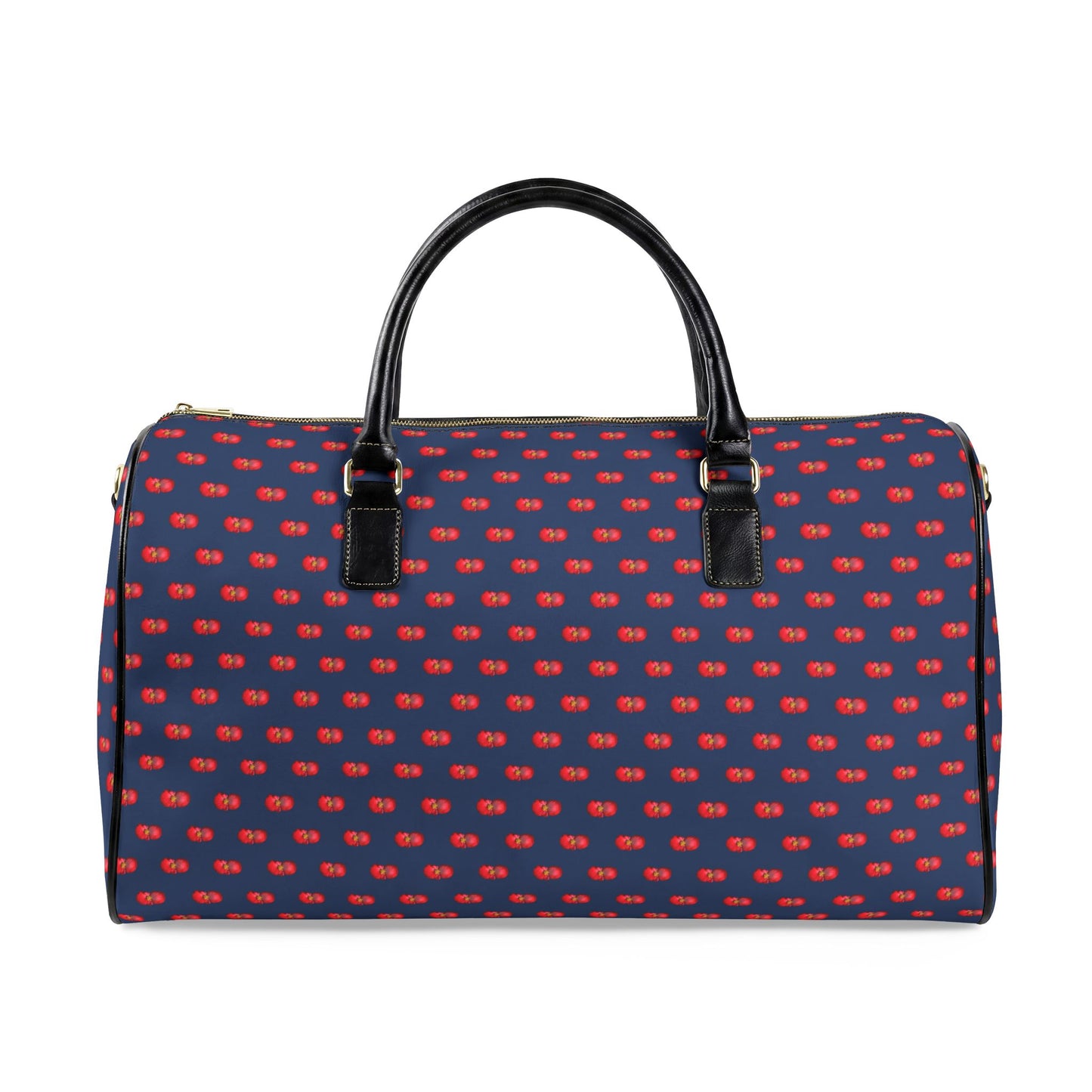 Classic Leather Weekender Bag — Navy Blue with Red Mini Begonias