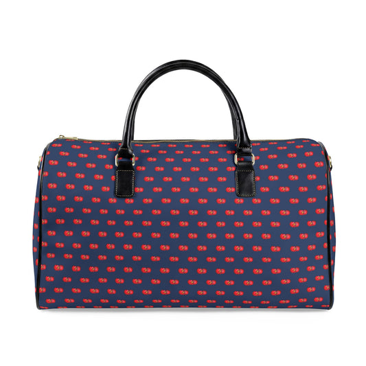Classic Leather Weekender Bag — Navy Blue with Red Mini Begonias