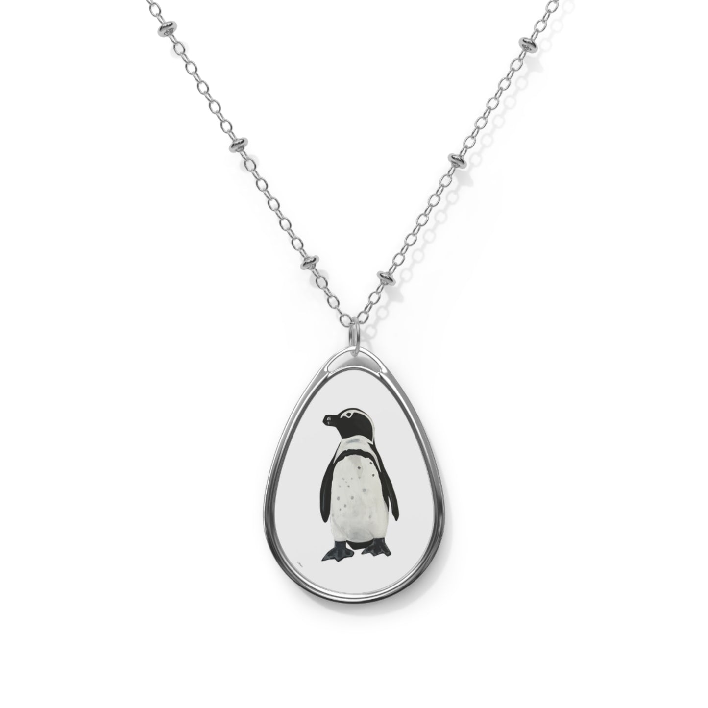 Penguin Oval Pendant Necklace — Hand-Painted Wildlife Teardrop Locket