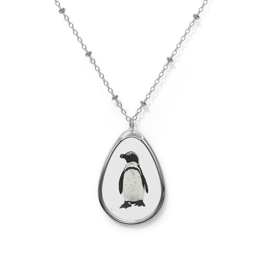 Penguin Oval Pendant Necklace — Hand-Painted Wildlife Teardrop Locket