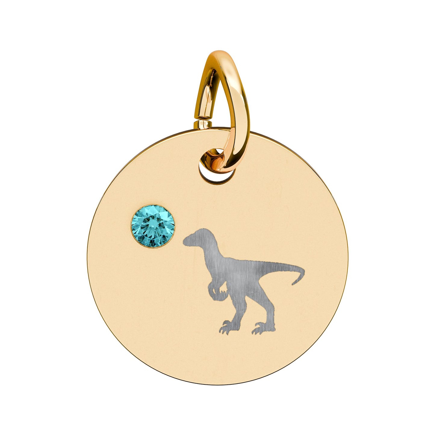 Birthstone Circle Charm — Engraved Dinosaur Silhouette Pendant