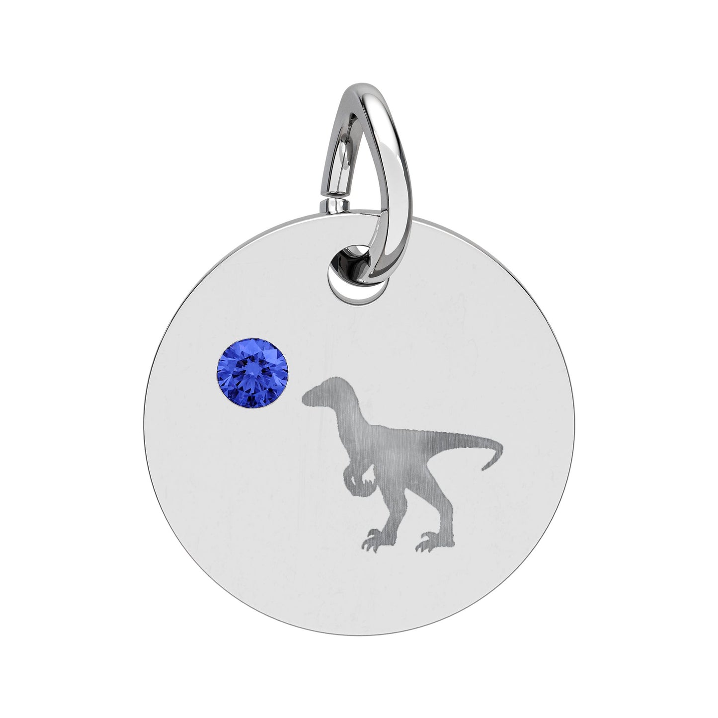 Birthstone Circle Charm — Engraved Dinosaur Silhouette Pendant