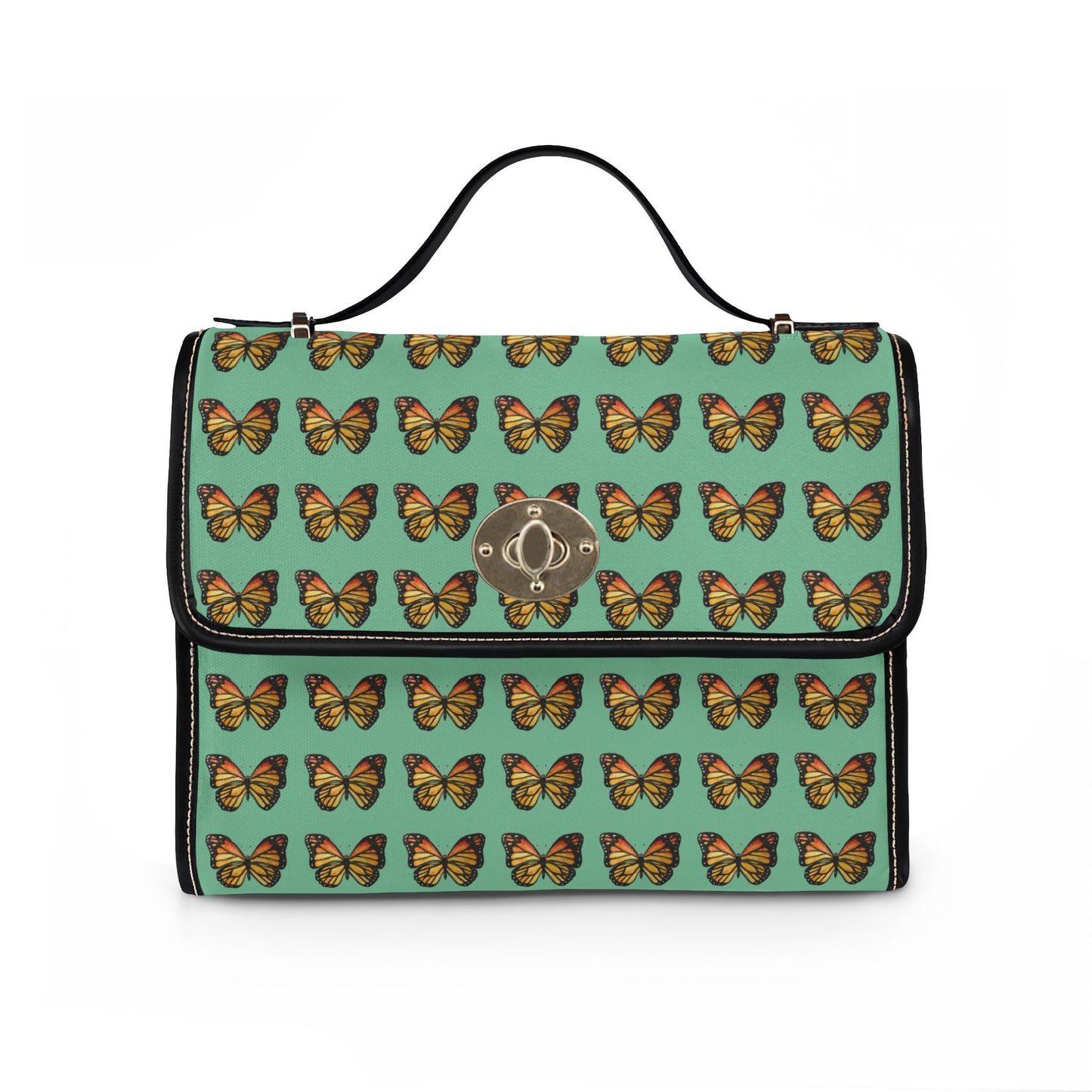 Butterfly Pattern Canvas Tote — Retro Green Waterproof Bag