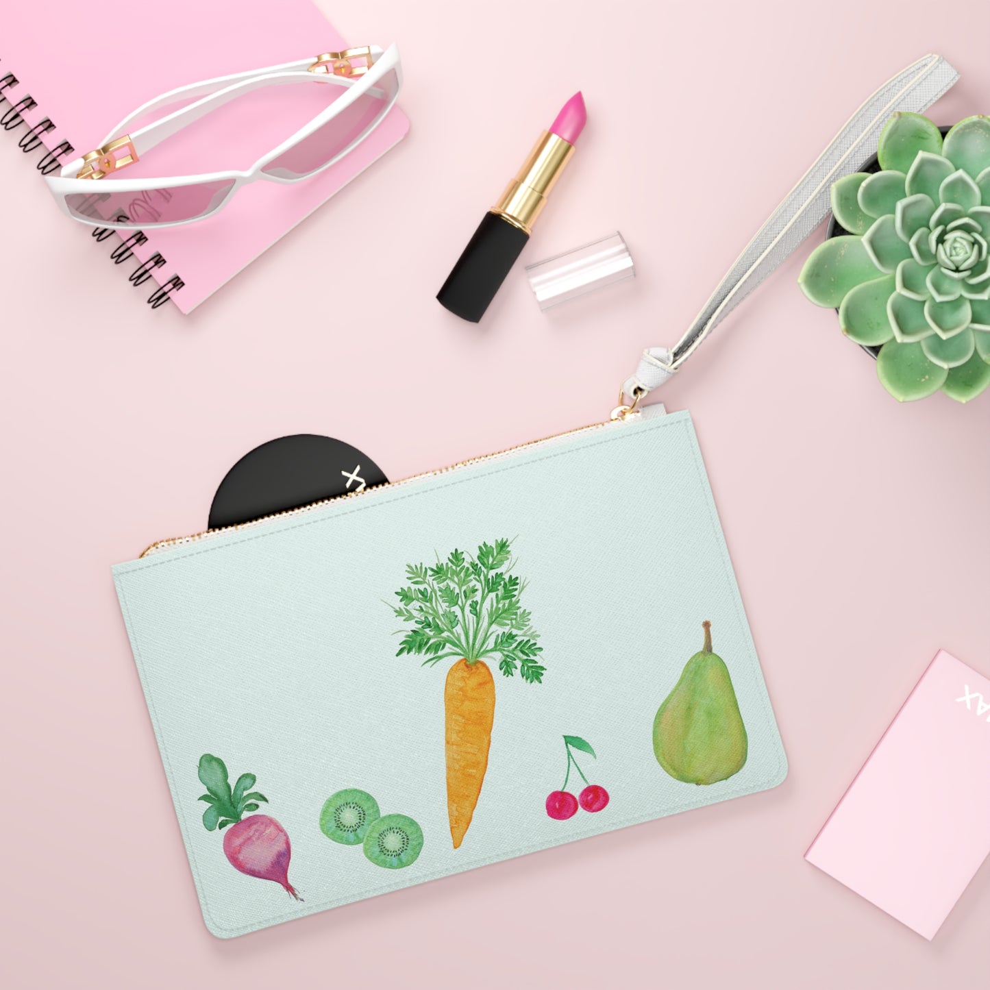 Fruit & Veg Watercolor Clutch Bag — Garden Produce Mint Wristlet