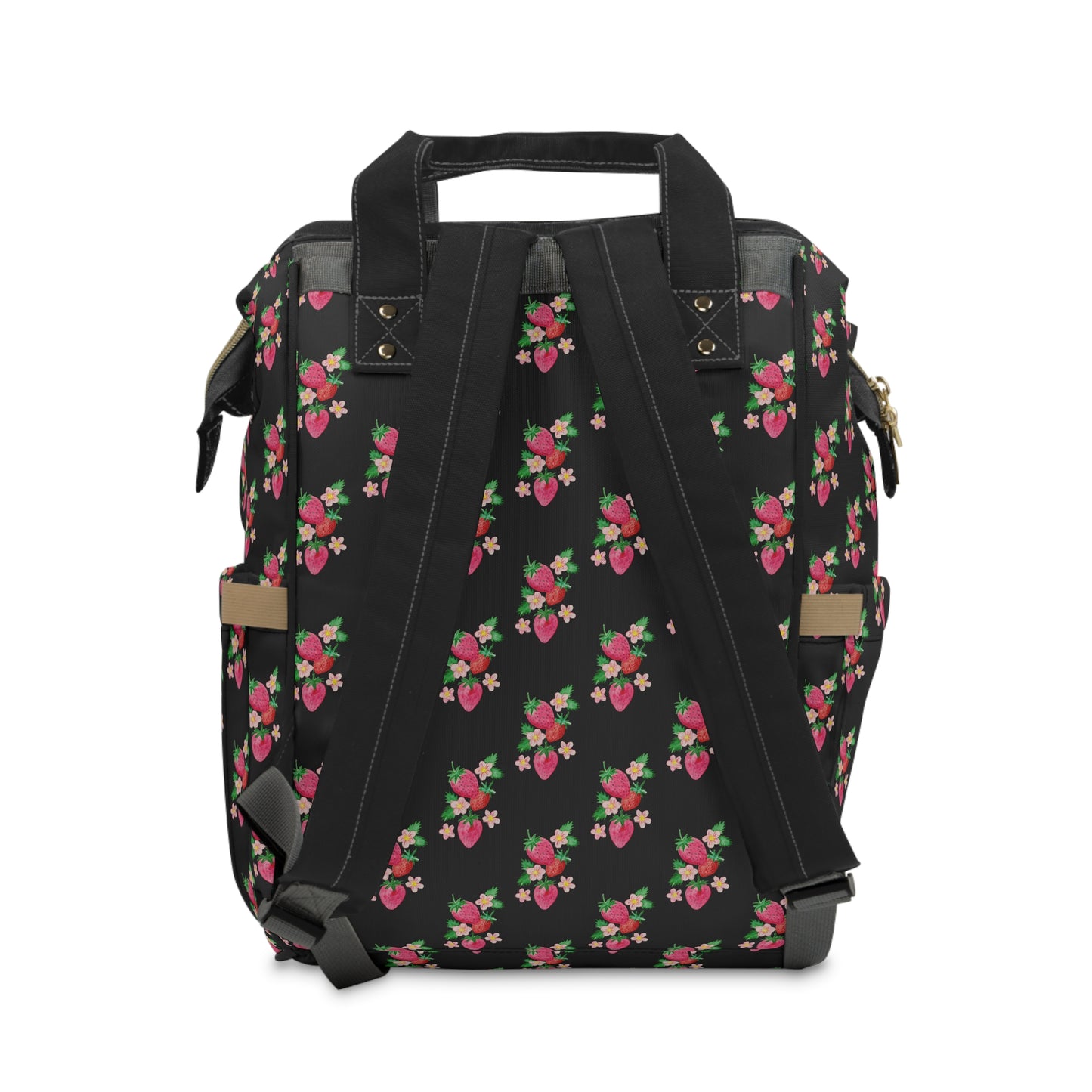 Floral Strawberry Diaper Backpack — Black Multifunctional Baby Bag