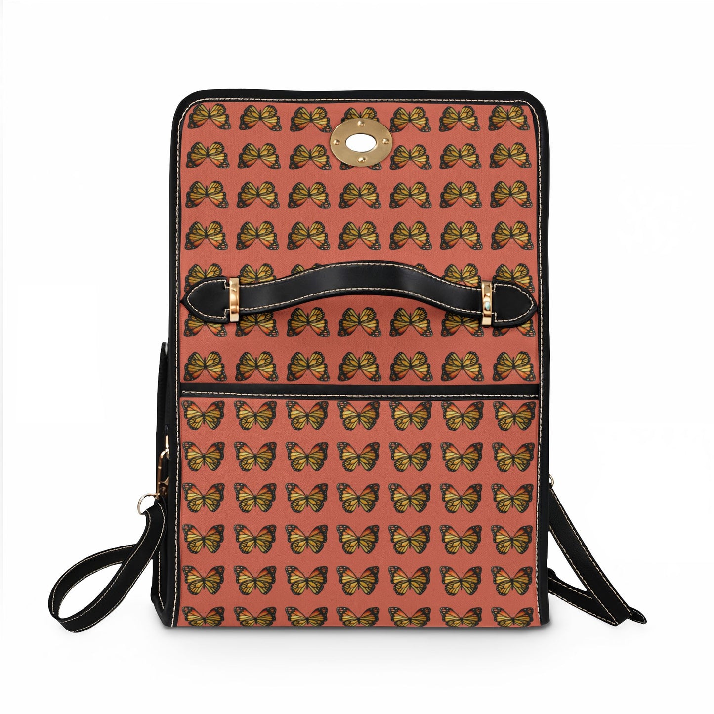 Butterfly Pattern Canvas Tote — Retro Coral Waterproof Bag