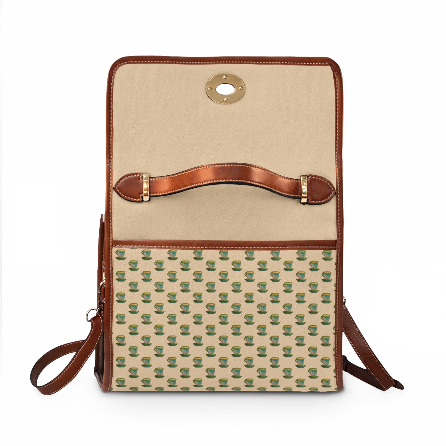 Green Teacup Pattern Beige Canvas Crossbody Satchel