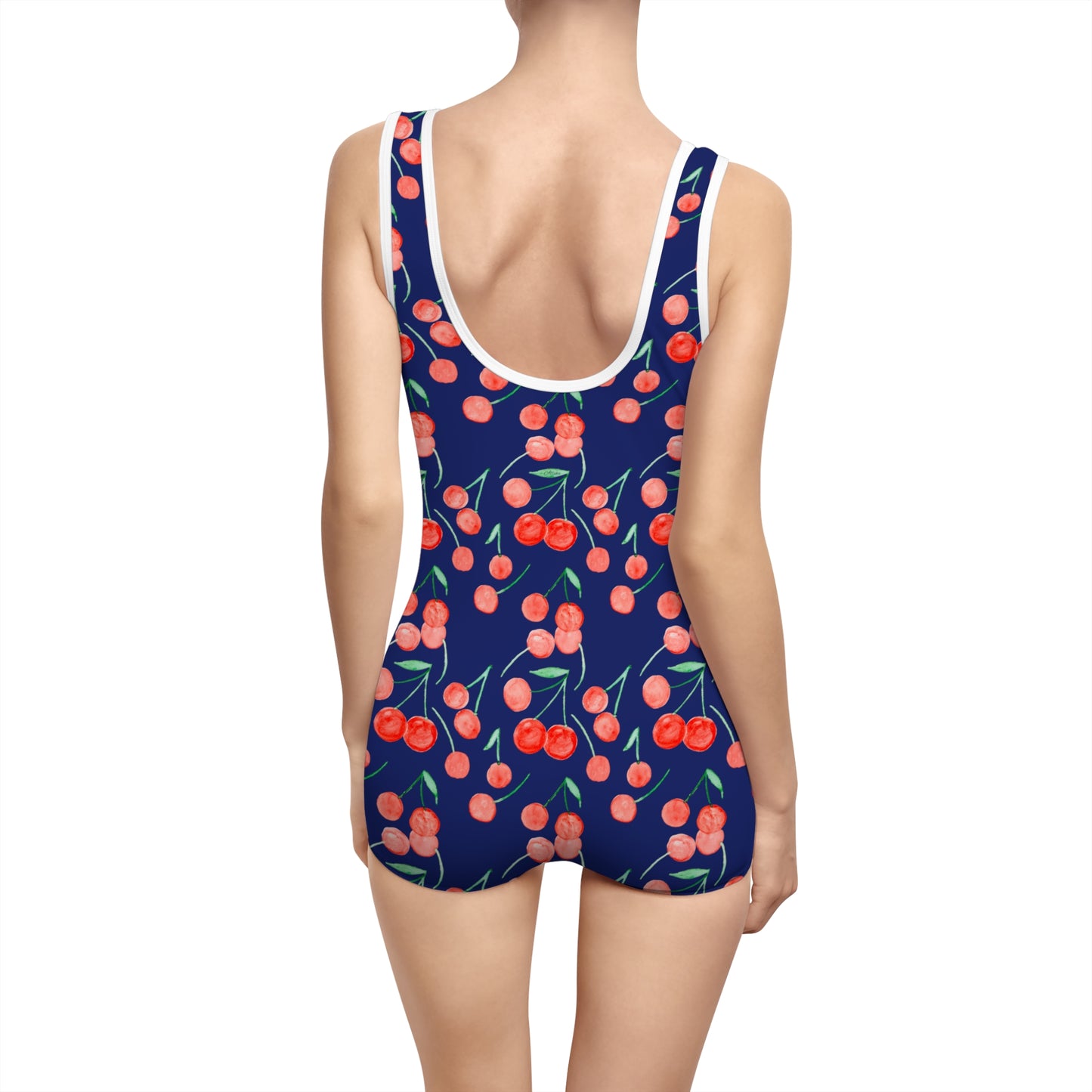 Navy Cherry One-Piece Swimsuit — Vintage Boyshort Swimwear