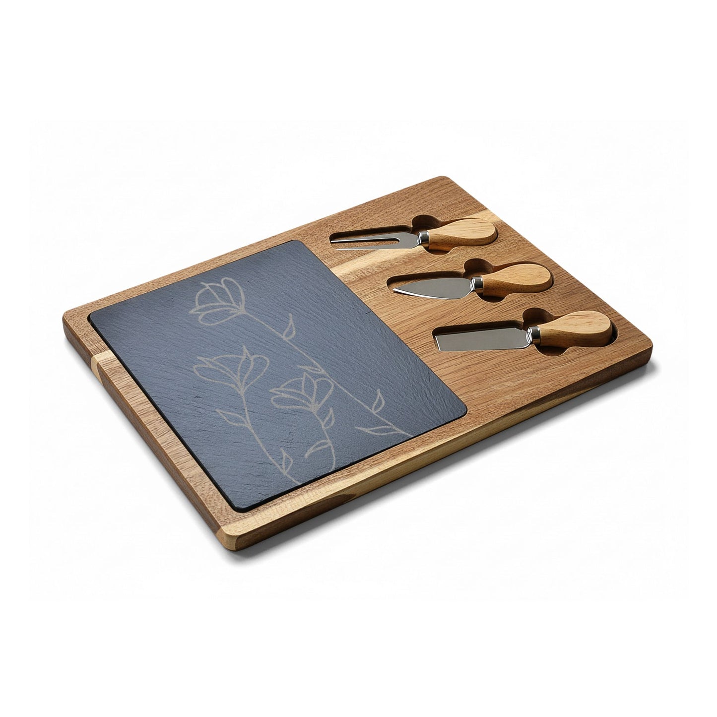 Engraved Acacia Cheese & Charcuterie Board with Slate Inlay — Floral Design