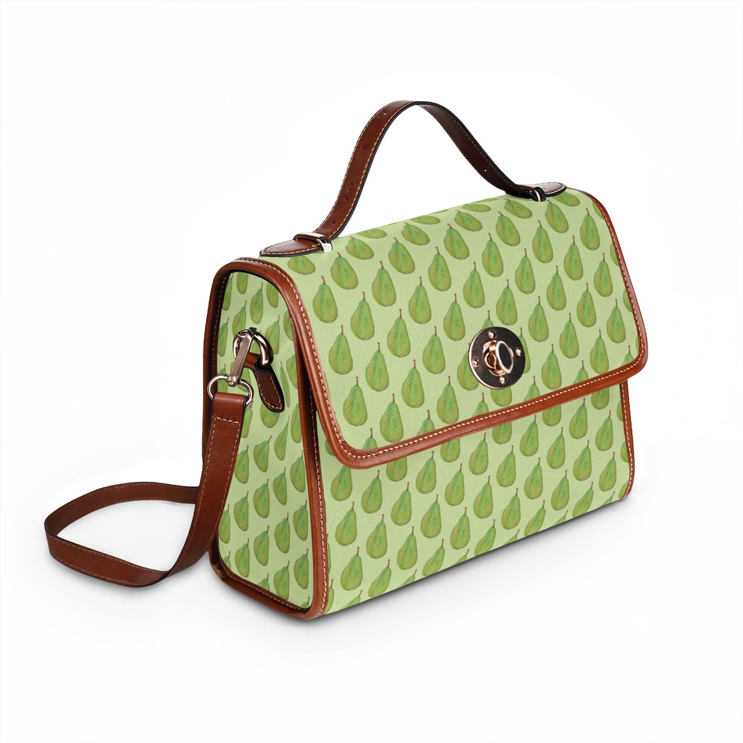 Green Pear Pattern Canvas Tote — Waterproof Fruit Print Bag