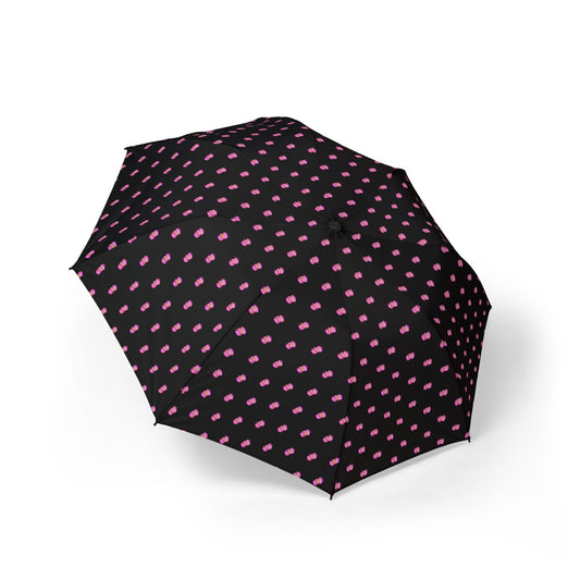 Compact Foldable Umbrella — Black with Pink Begonia Raindrop Pattern