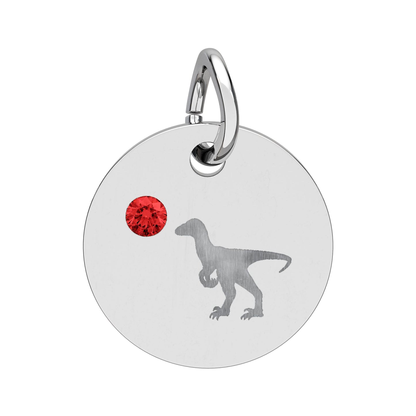 Birthstone Circle Charm — Engraved Dinosaur Silhouette Pendant