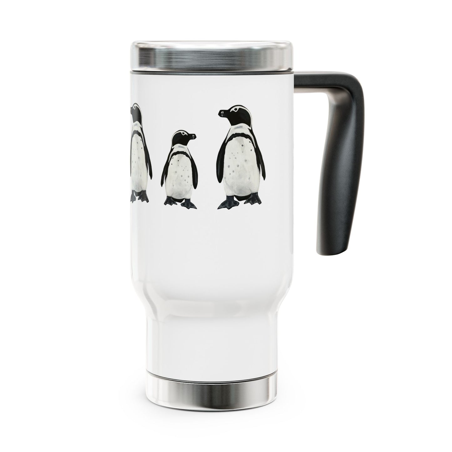 Penguin Line 14oz Stainless Steel Travel Mug with Handle — Cute Polar Animal Coffee Tumbler