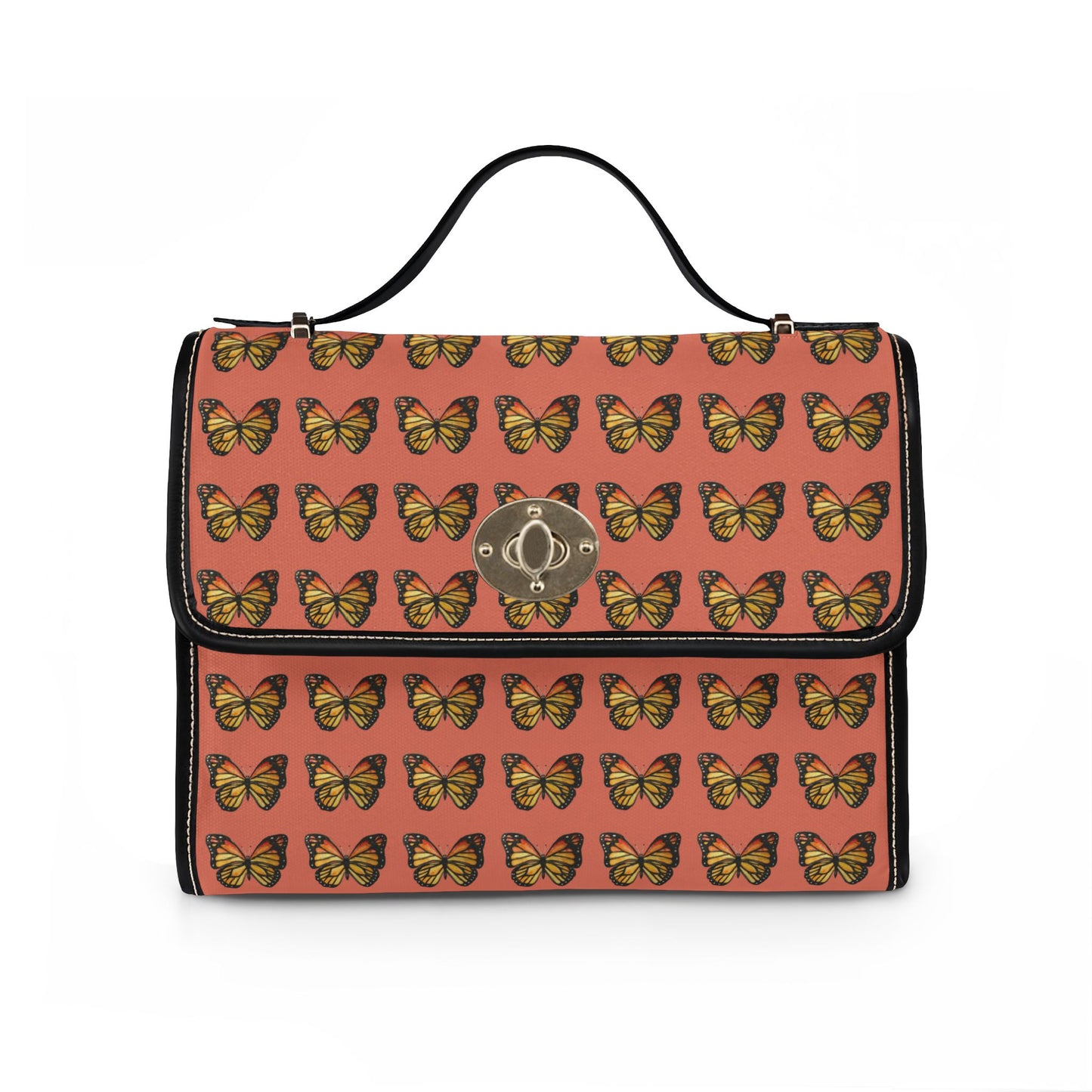 Butterfly Pattern Canvas Tote — Retro Coral Waterproof Bag