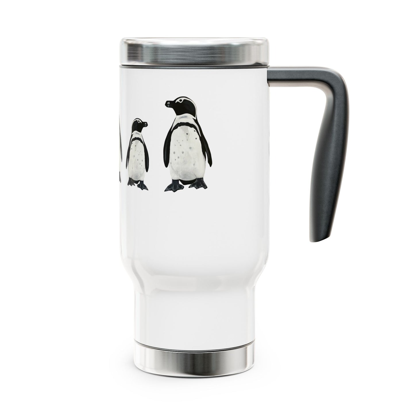 Penguin Line 14oz Stainless Steel Travel Mug with Handle — Cute Polar Animal Coffee Tumbler