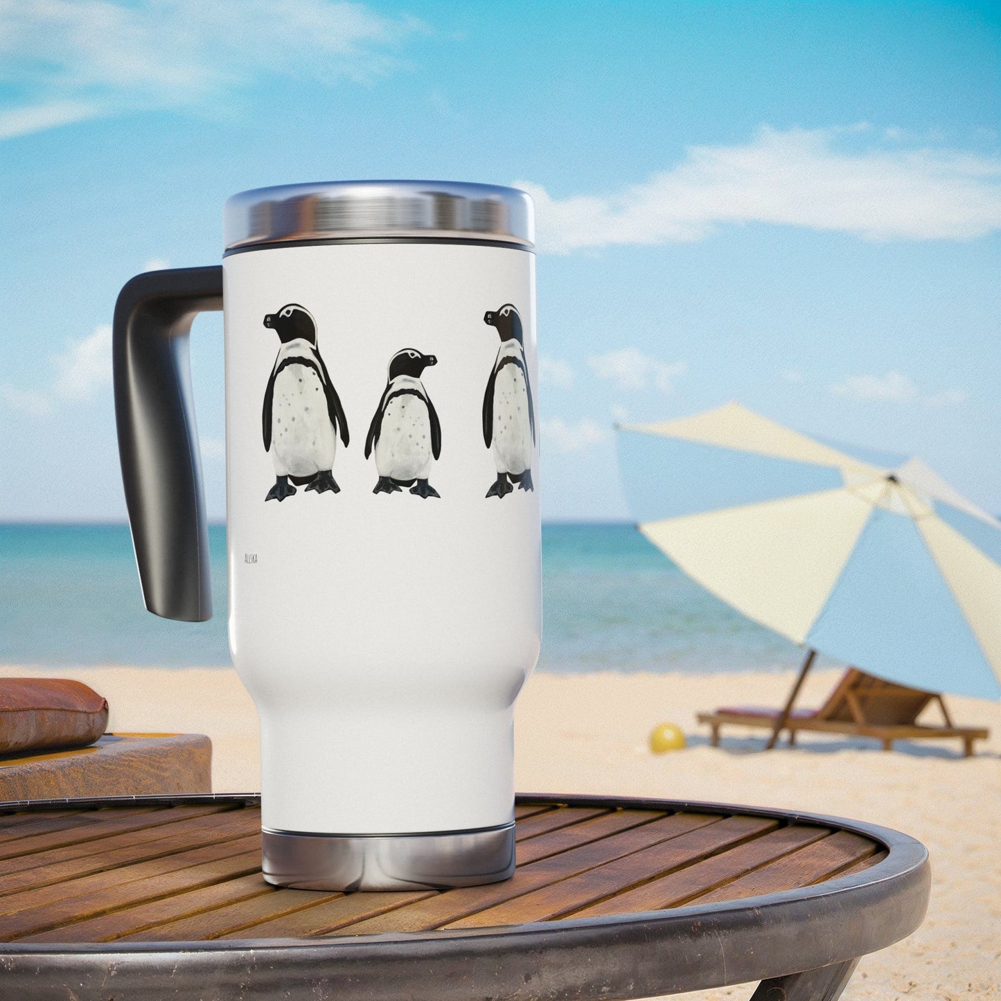 Penguin Line 14oz Stainless Steel Travel Mug with Handle — Cute Polar Animal Coffee Tumbler