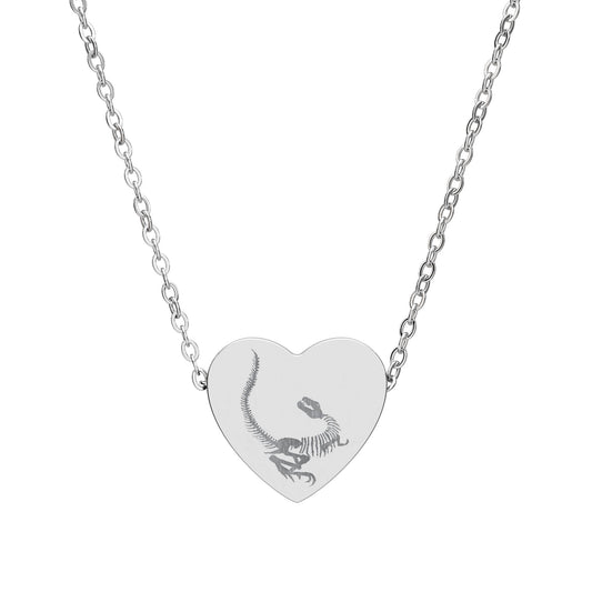 Dinosaur Fossil Heart Pendant Necklace — Stainless Steel Dinosaur Jewelry