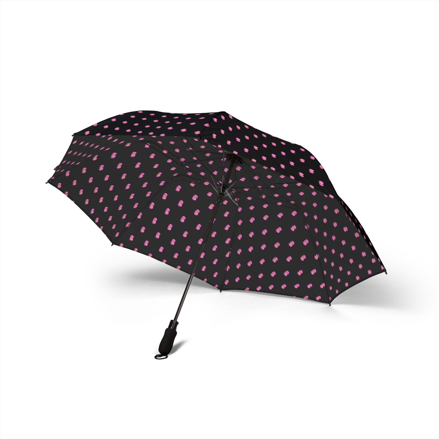 Compact Foldable Umbrella — Black with Pink Begonia Raindrop Pattern