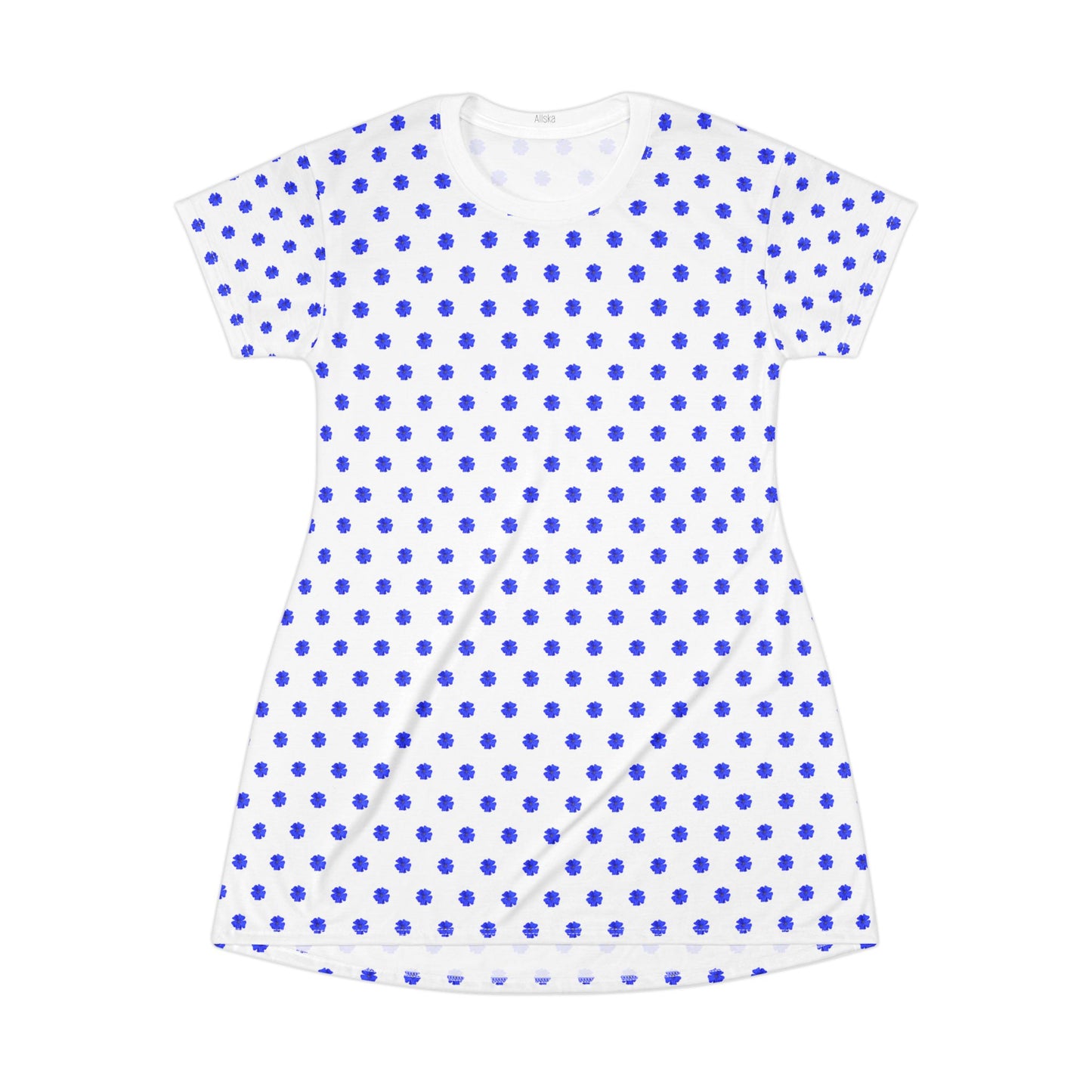 Blue Polka Dot T-Shirt Dress – Casual Summer A-Line Dress with Plumbago Flower Design