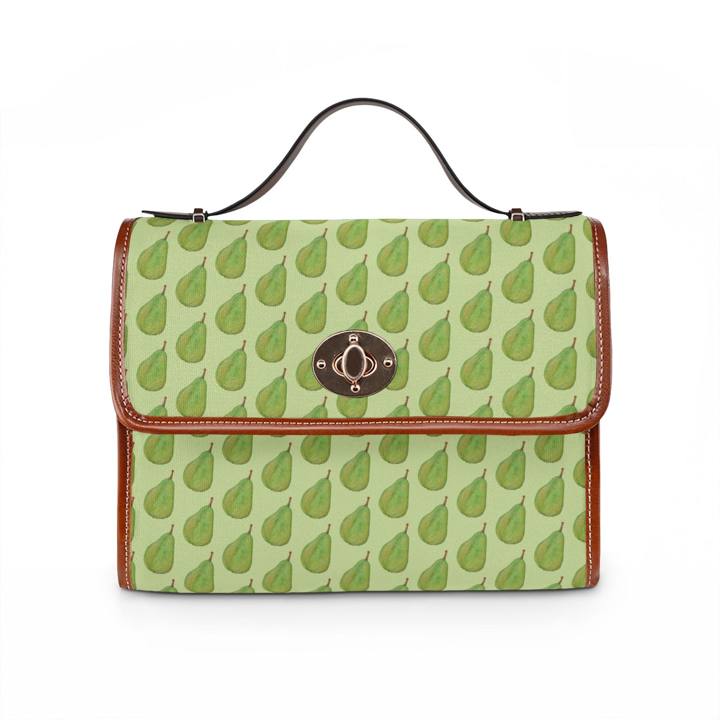 Green Pear Pattern Canvas Tote — Waterproof Fruit Print Bag