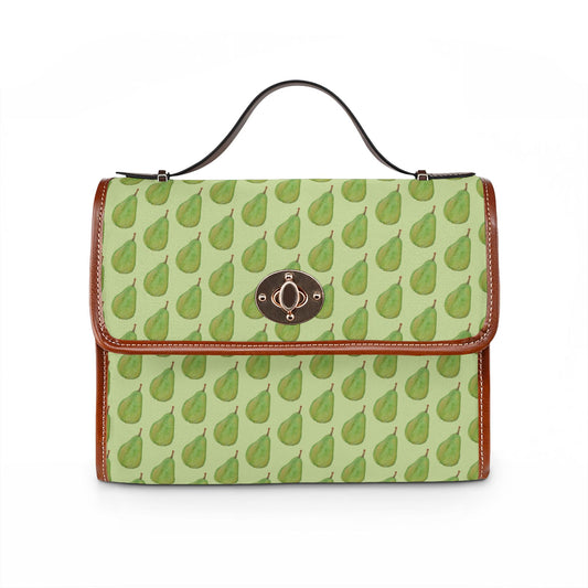 Green Pear Pattern Canvas Tote — Waterproof Fruit Print Bag
