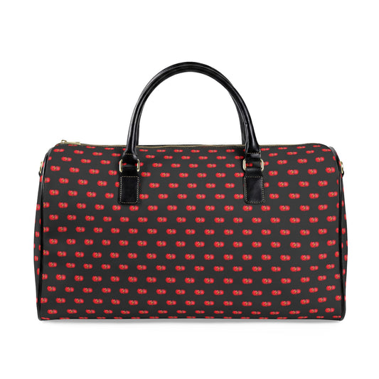 Classic Leather Weekender Bag — Black with Red Mini Begonias Floral Pattern