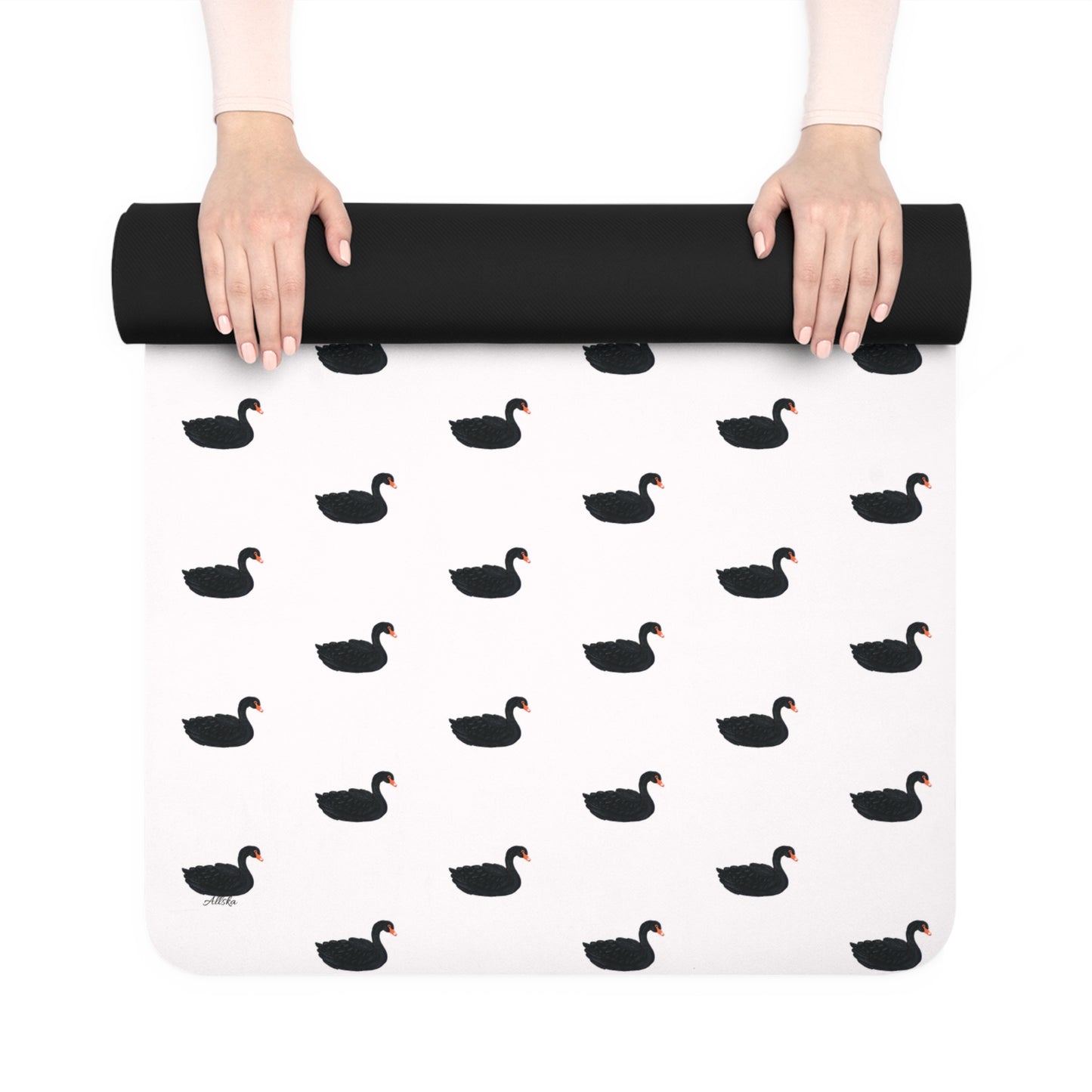 White Rubber Yoga Mat — Black Swan Pattern, Non-Slip Exercise Mat