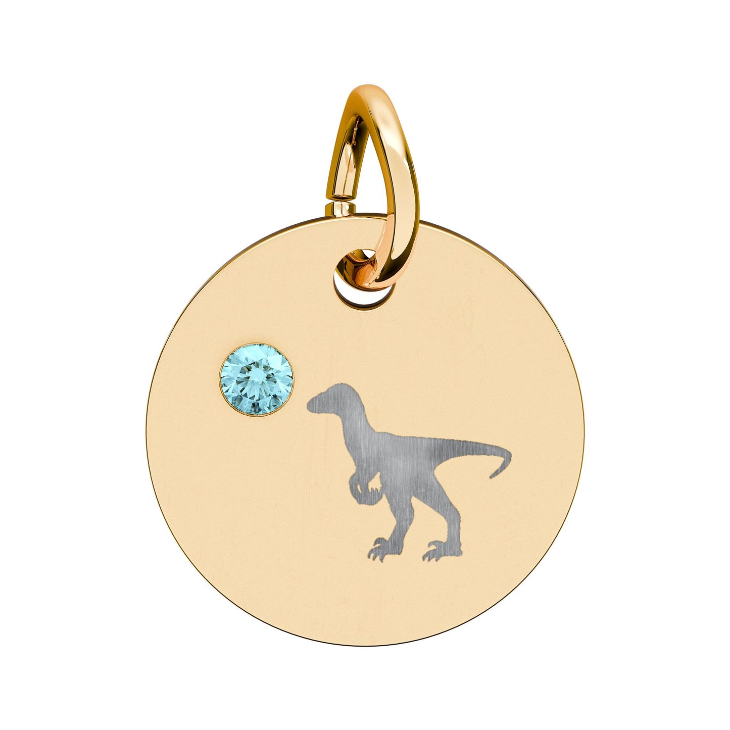 Birthstone Circle Charm — Engraved Dinosaur Silhouette Pendant