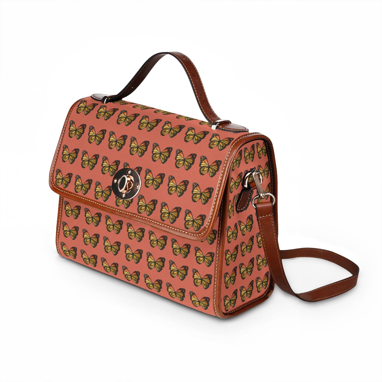 Butterfly Pattern Canvas Tote — Retro Coral Waterproof Bag