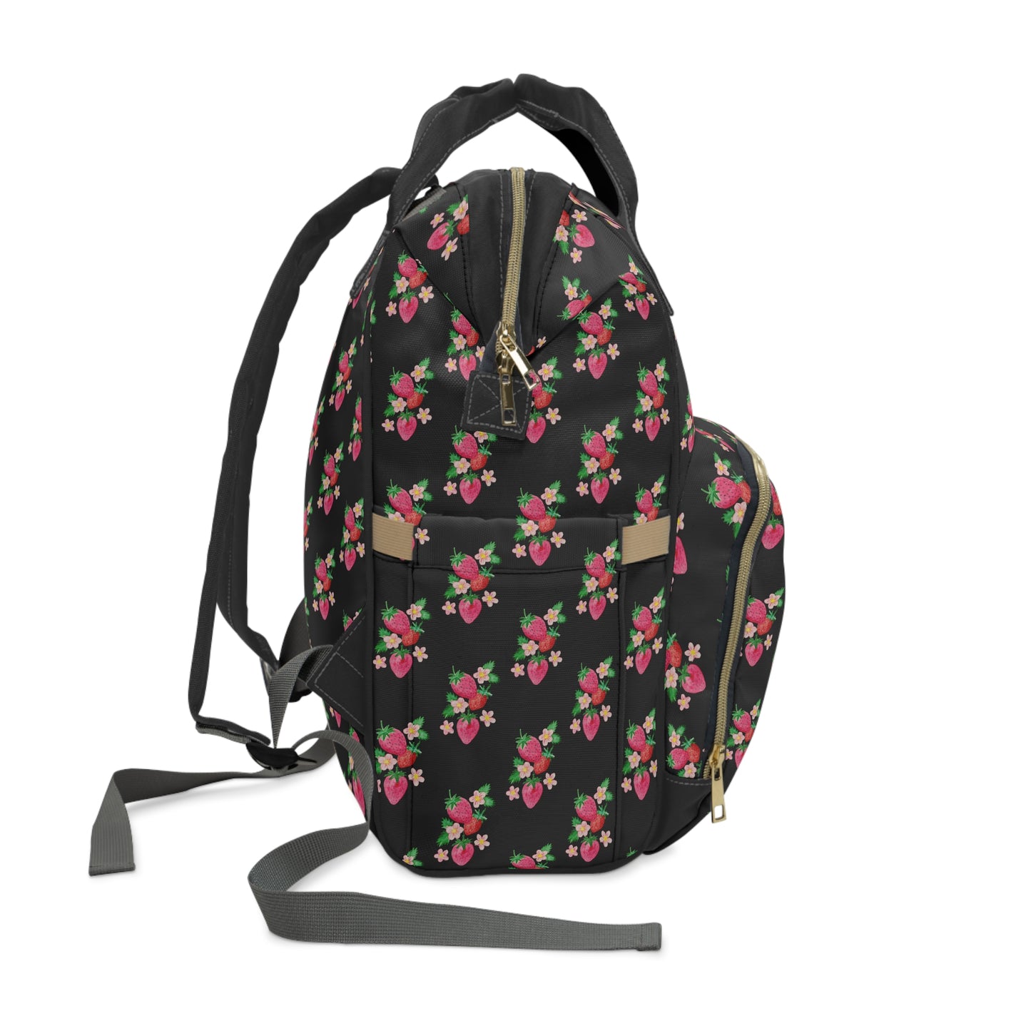 Floral Strawberry Diaper Backpack — Black Multifunctional Baby Bag