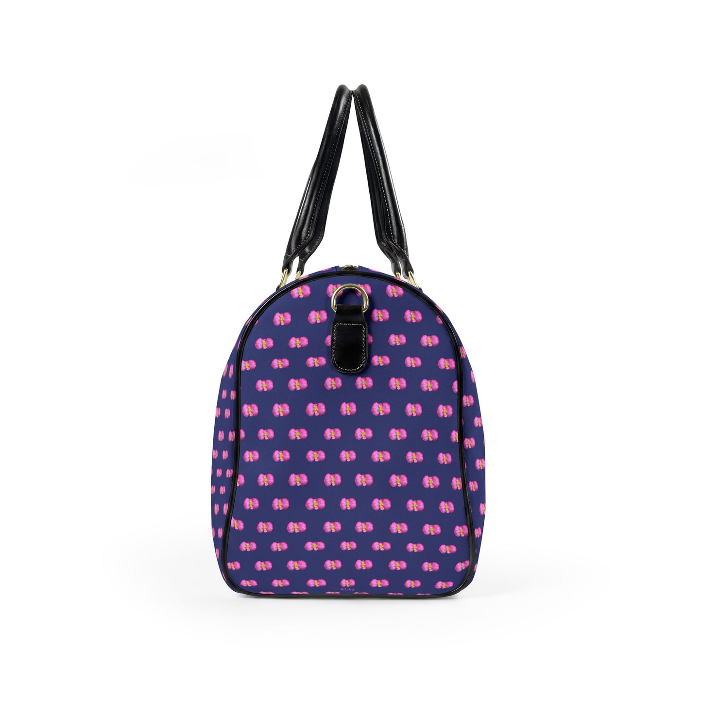 Classic Leather Weekender Bag — Blue with Pink Mini Begonias Floral Pattern