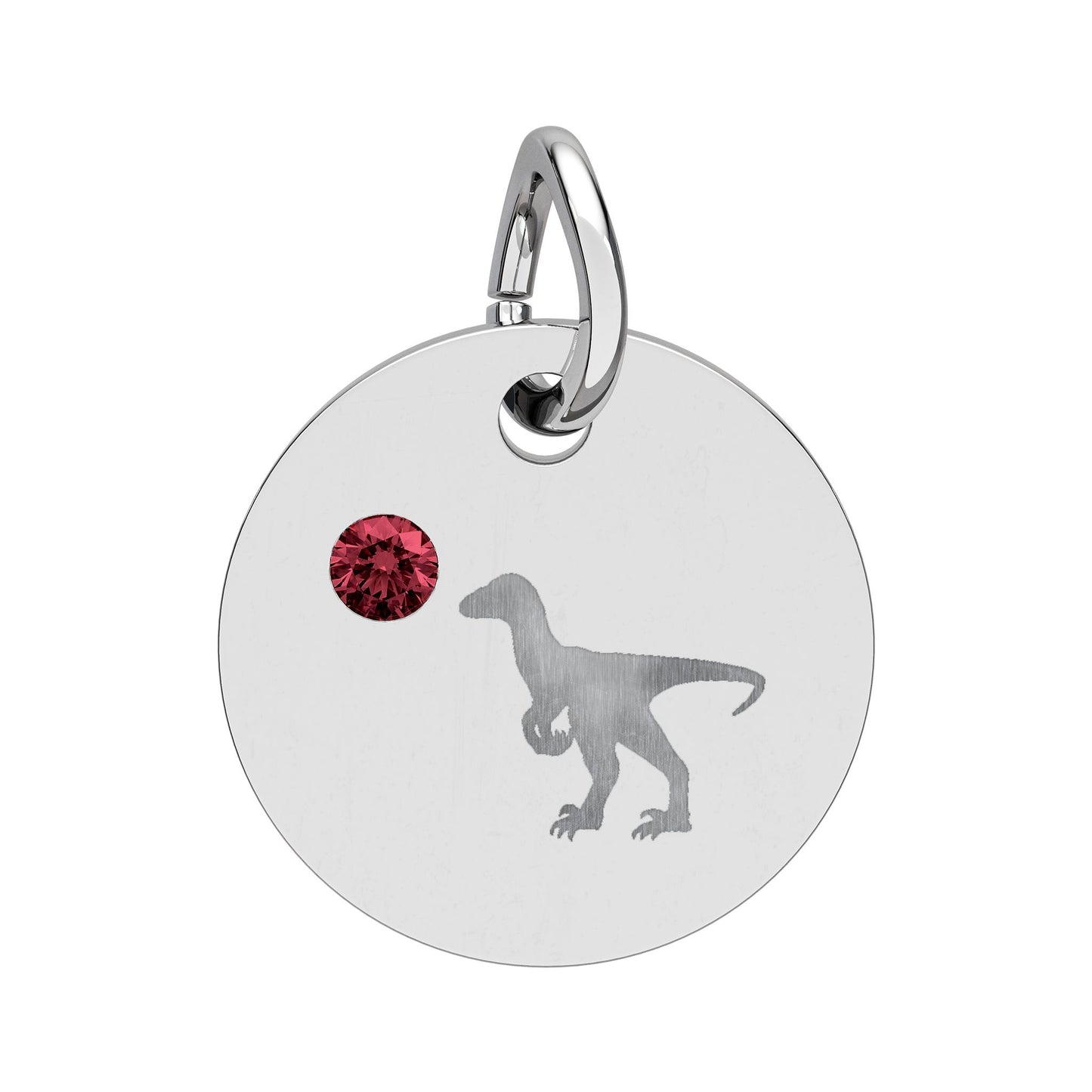 Birthstone Circle Charm — Engraved Dinosaur Silhouette Pendant