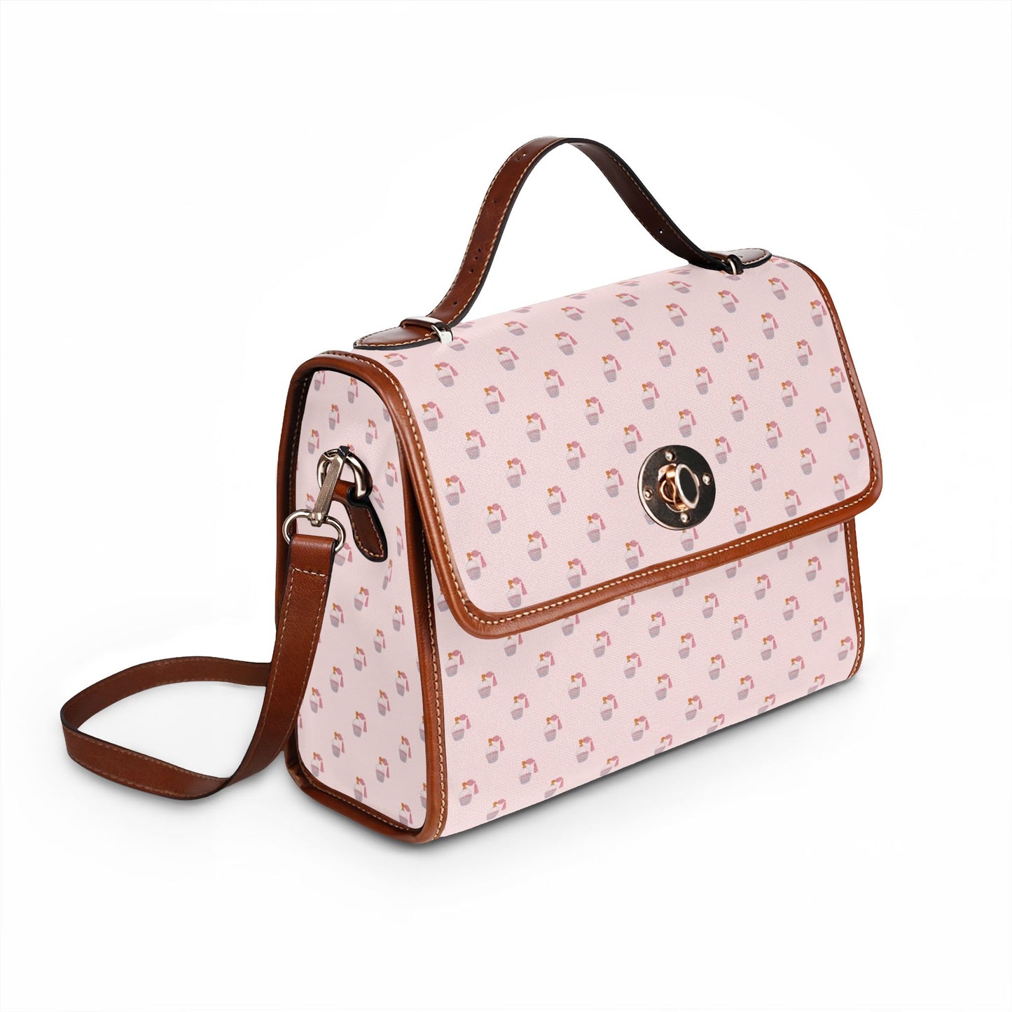Pink Perfume Canvas Handbag — Waterproof Crossbody Satchel with Vegan Leather Trim