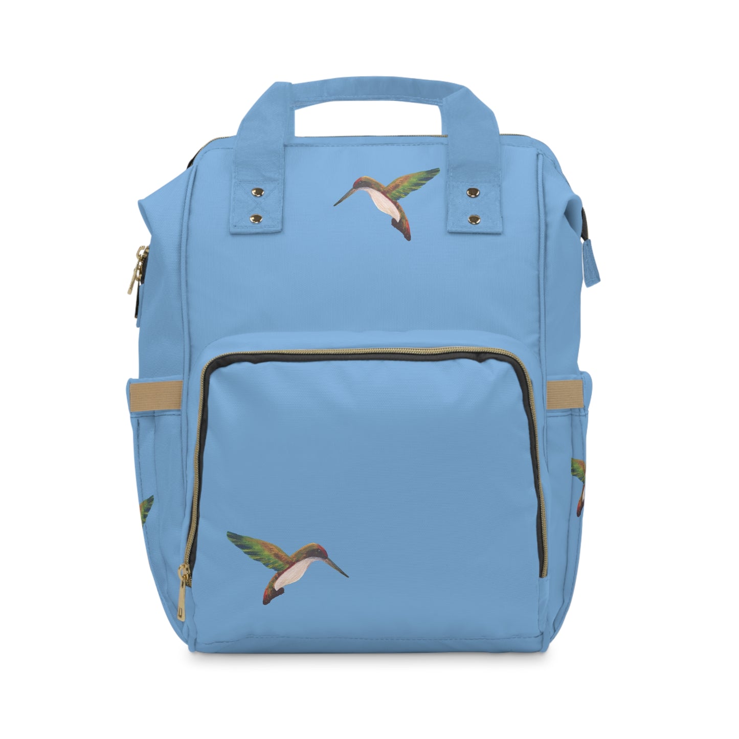Light Blue Hummingbird Print Diaper Backpack – Multifunctional Baby Bag with Changing Pad