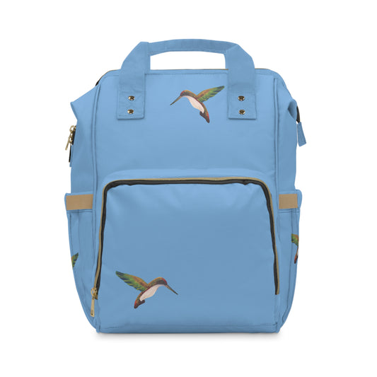 Light Blue Hummingbird Print Diaper Backpack – Multifunctional Baby Bag with Changing Pad