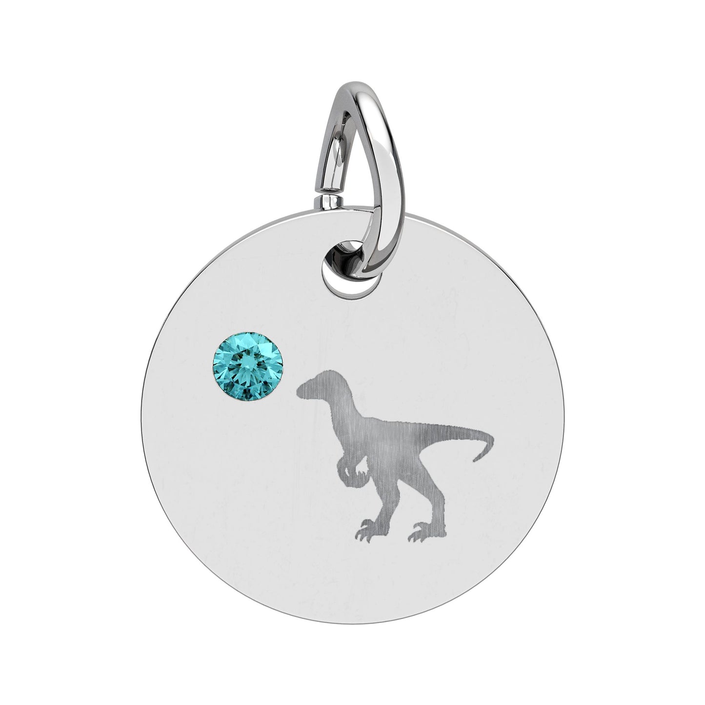 Birthstone Circle Charm — Engraved Dinosaur Silhouette Pendant