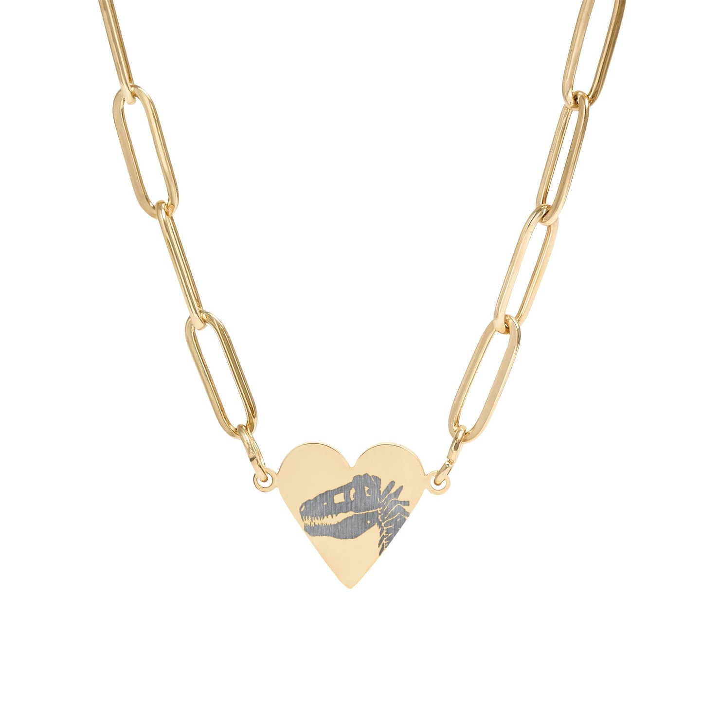 Engraved T. Rex Fossil Paperclip Heart Necklace — Dinosaur Necklace (Gold, Rose, Stainless Steel)