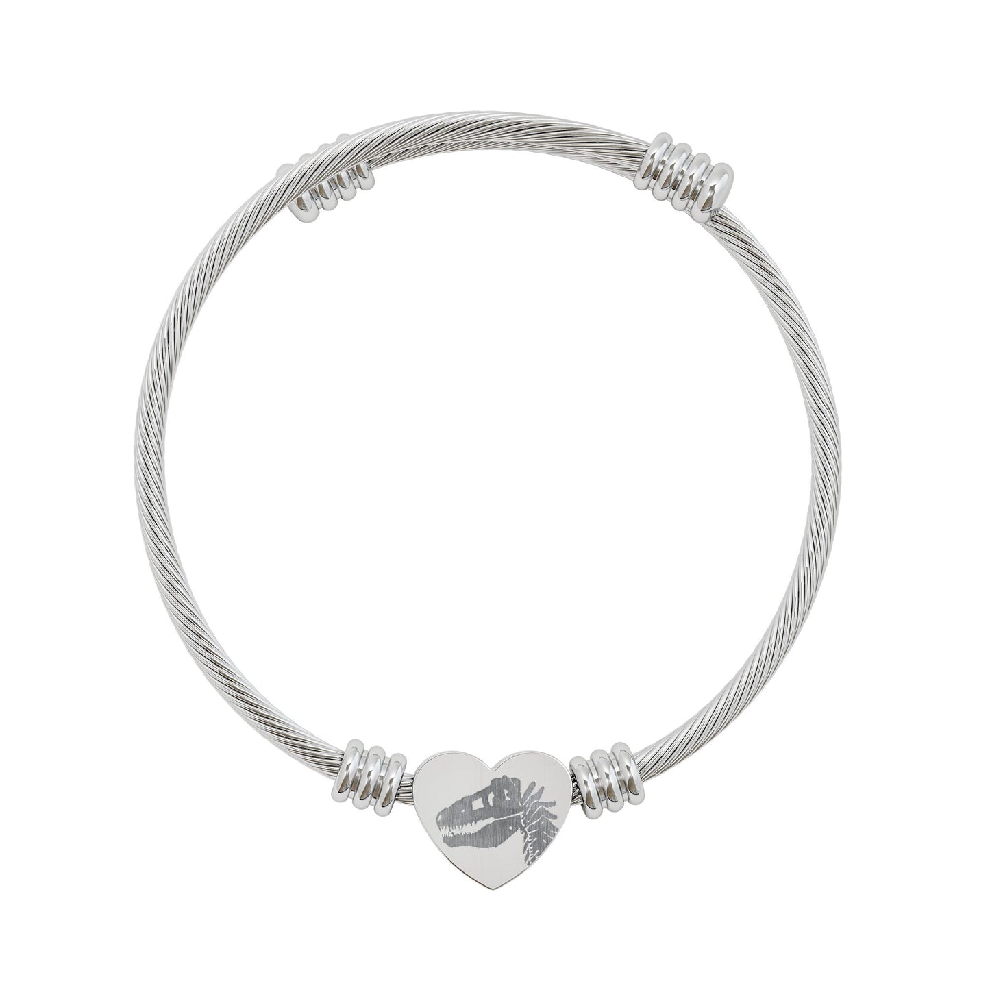 T-Rex Fossil Heart Cuff Bracelet — Engraved Dinosaur Stainless Steel Bangle