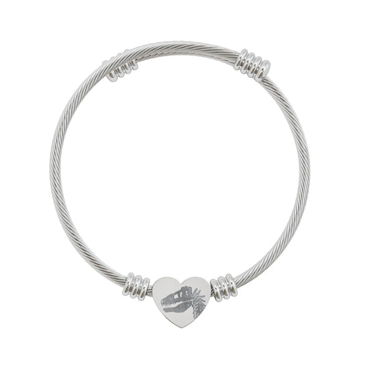 T-Rex Fossil Heart Cuff Bracelet — Engraved Dinosaur Stainless Steel Bangle