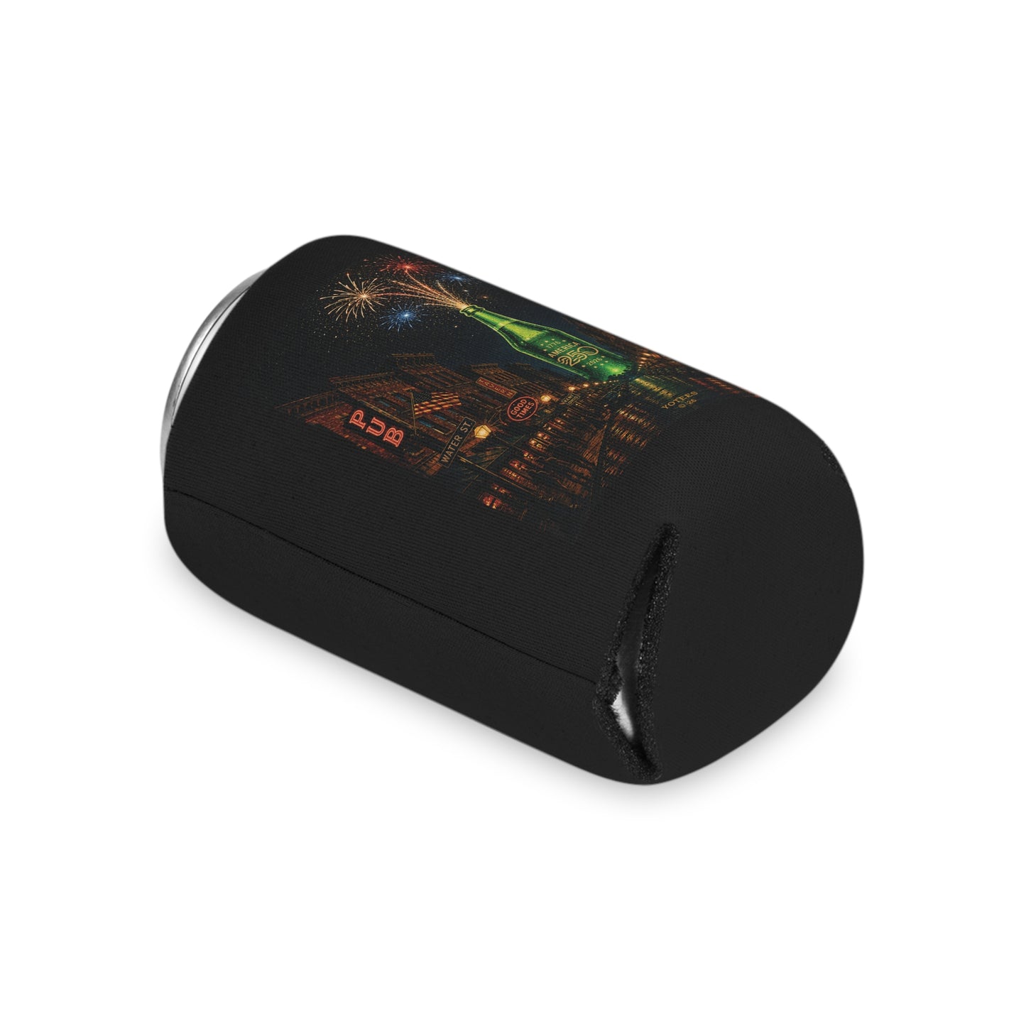 Can Cooler — Neon Bottle Nightscape with Fireworks