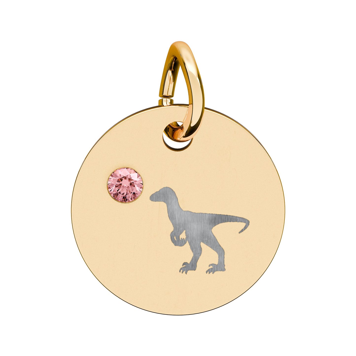 Birthstone Circle Charm — Engraved Dinosaur Silhouette Pendant
