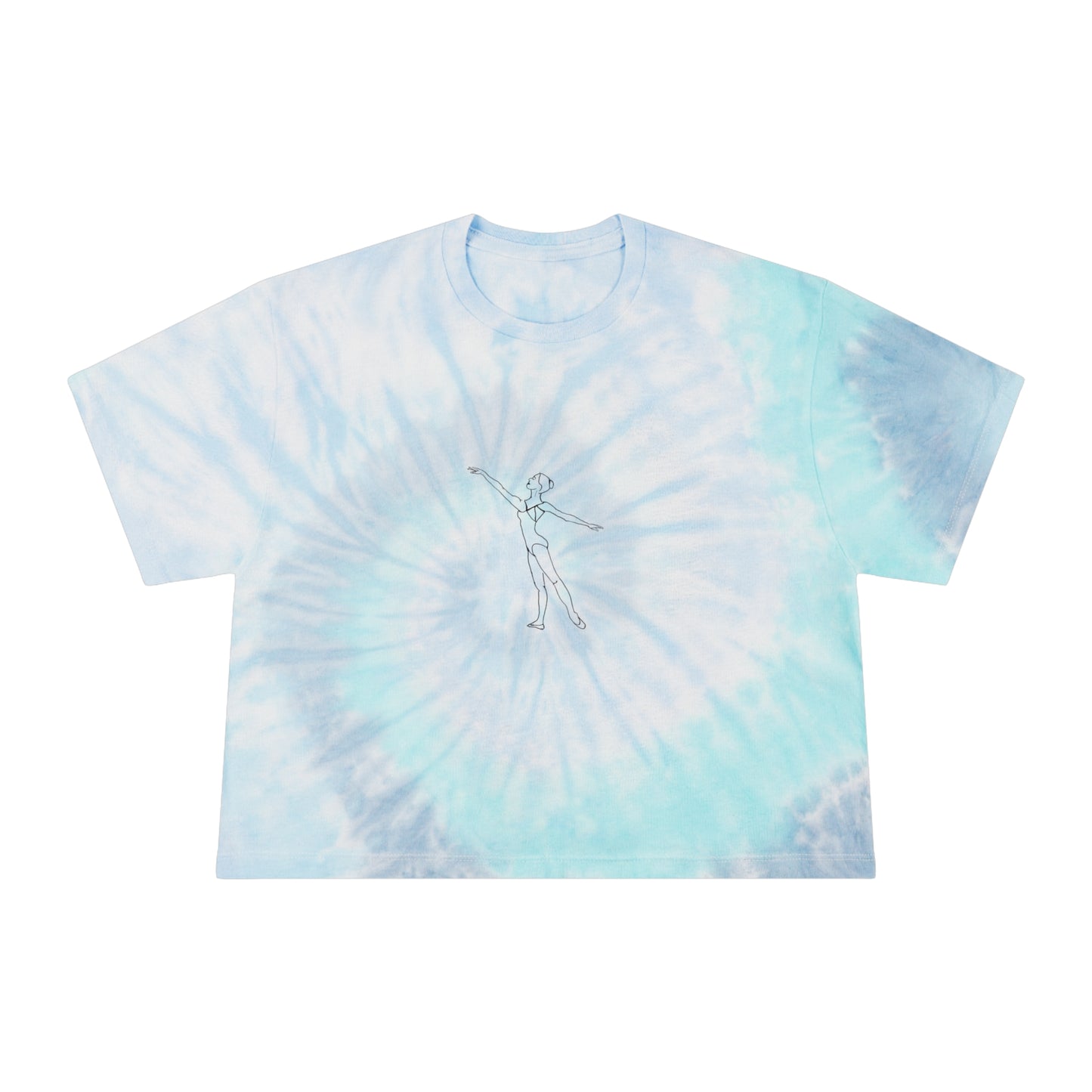 Tie-Dye Crop Tee — Pastel Blue Spiral with Minimal Line Art