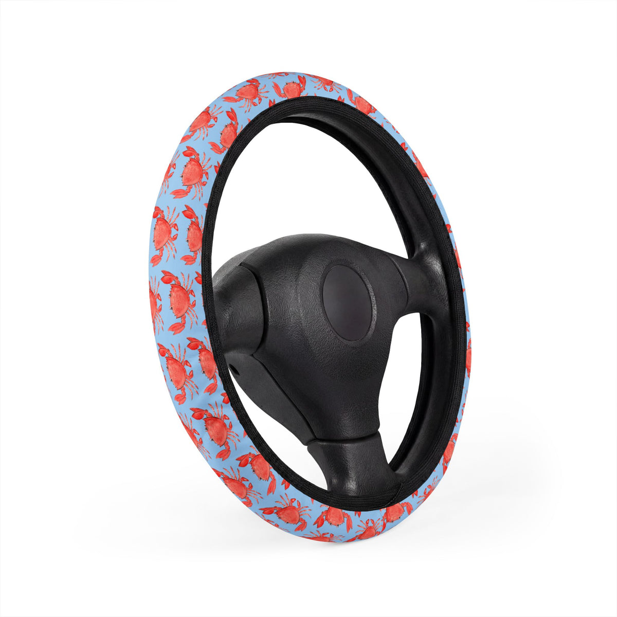 Red Crab Pattern on Sky Blue, Coastal Car Steering Wheel Cover